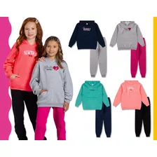 4 Conjunto Blusa Canguru Capuz Calça Moletom Juvenil Menina