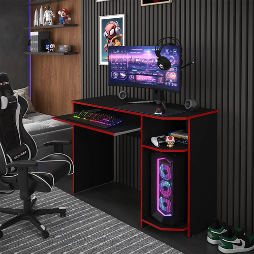 Mesa Computador Gamer Com Gaveta Para Teclado Quarto Luxo Preto Vermelho