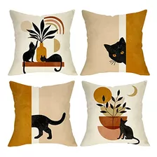 Juego De 4 Fundas De Almohada Decorativas Boho Gato Abs...