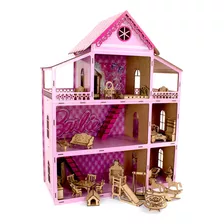 Casinha De Bonecas 80cm + Kit Mini Móveis Mdf Adesivado