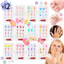 X12 Uñas Postiza Para Niñas Infantil Con Pegamento Estampada