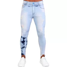 Calça Jeans Masculina Skinny Destroyed Tie Dye Mancha Splash