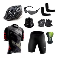 Kit Ciclismo Conjunto + Capacete + Luvas + Óculos + Manguito