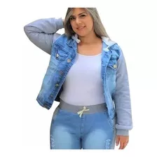 Jaqueta Jeans Detalhe Moletom Plus Size Feminina Capuz Blusa