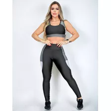 Conjunto Fitness Feminino Recorte Colorido Calça E Cropped