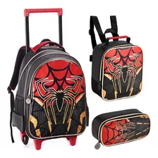 Kit Mochila Rodinhas Aranha Spider Lançamento Escolar 