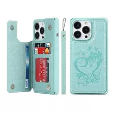 Funda Para iPhone 13 Pro Billetera Cuero Corazon Aqua