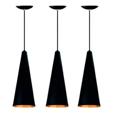 3 Lustres Pendentes Cone Merlin Preto Com Cobre Balcão E27 110v/220v (bivolt)