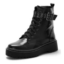 Bota Feminina Coturno Couro Plataforma Detalhe Fivela Rock