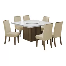 Conjunto De Mesa Sala De Jantar C/ Tampo Giratório Cedro/off