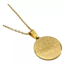 Colar Corrente Medalha São Bento Aço Inoxidável Dourado