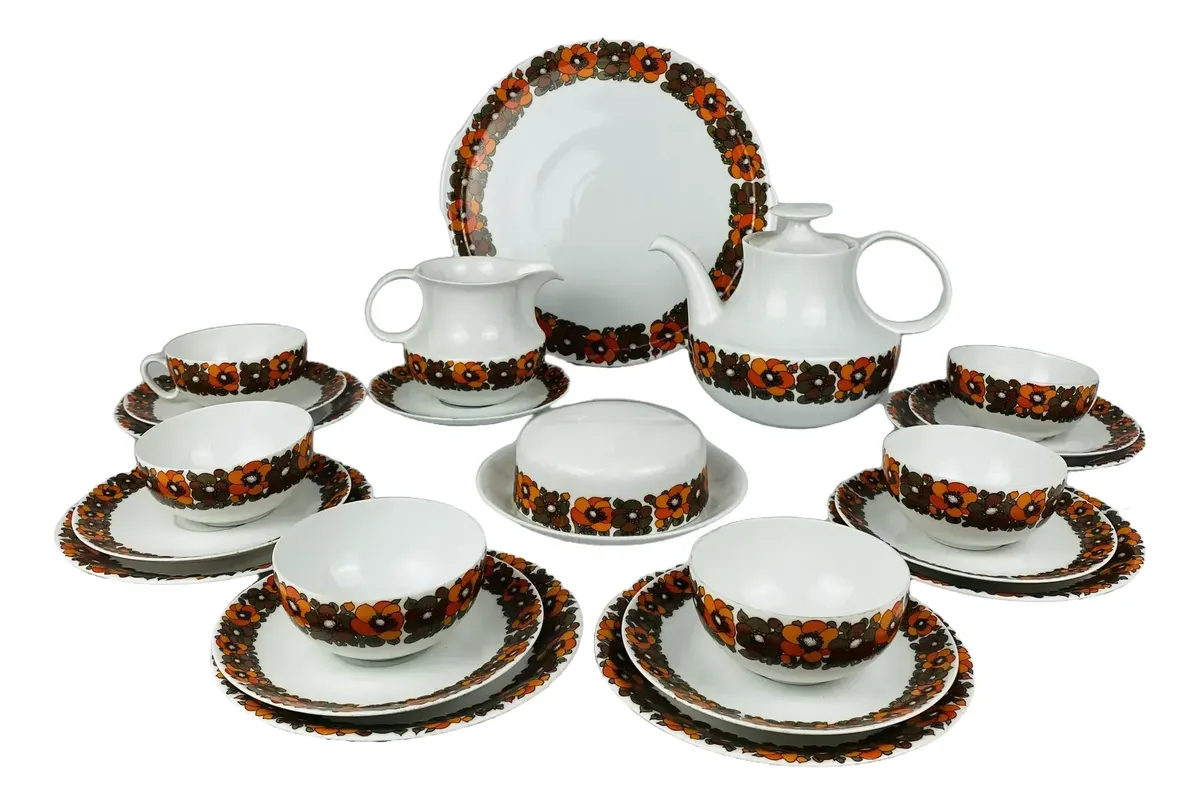 Jogo Bule E Leiteira E Chá Porcelana Renner Floral Laranja Branco Floral