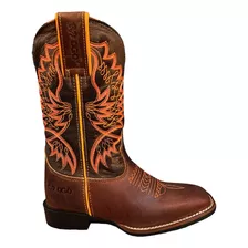 Bota Texana Feminina Couro Legitimo Bordados Marrom Laranja