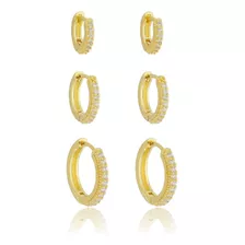 Trio De Argolas Finas Cravejadas Brilhante Banhado A Ouro18k