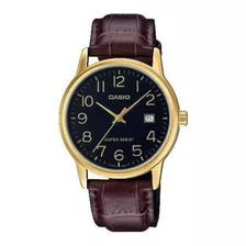 Reloj Pulsera Casio Enticer Mtp-v002 De Cuerpo Color Dorado, Analógico, Para Hombre, Fondo Negro, Con Correa De Cuero Color Marrón, Agujas Color Dorado, Dial Dorado, Minutero/segundero Dorado, Bisel C