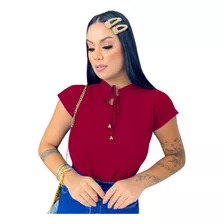 Blusa Feminina Manga Curta Cordão Laço Cordinha Crepe Linda