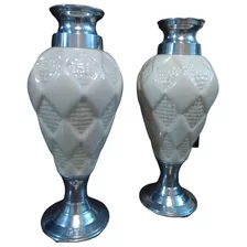 Par Vasos Ornamentais Cerâmica Madri. Bocal E Base Em Metal.