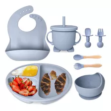 Set De Alimentación De Bebé De Silicona Antideslizante Azul