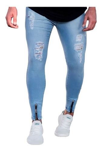 Calça Jeans Masculina Super Skinny Destroyed Sky Blue