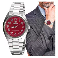 Relógio Masculino Orinet Luxo Original Prova D'água Cor Da Correia Prateado Cor Do Fundo Vermelho