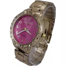 Relógio Feminino Dourado/rosa Brilhante Aço Prova Dágua