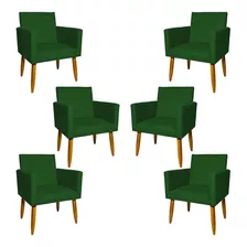 Kit 6 Poltronas Decorativas Para Sala Cadeira Pé Castanho Cor Verde Desenho Do Tecido Suede
