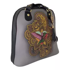 Bolsa Bolso Mochila Dama Artesanal Piel Con Colibrí