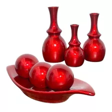 Trio De Vasos Prato Bolas Cerâmica Decoracao Rack Marrom 