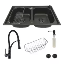 Cuba Dupla Gourmet Inox 304 Black + Torneira Flexível Preta