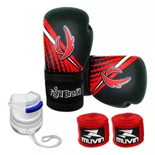 Luva Muay Thai Boxe Preta Vermelha+ Bandagem 5m+ Bucal Duplo