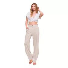 Pantalón Mujer Lino Cintura Alta Ajustable Pinzas Frontales 