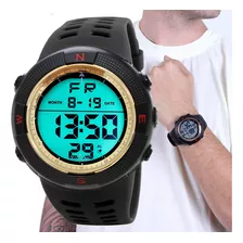 Relógio Masculino De Pulso Esportivo Prova D´agua Militar Cor Da Correia Preto Cor Do Bisel Dourado Xf-312 Cor Do Fundo Cinza