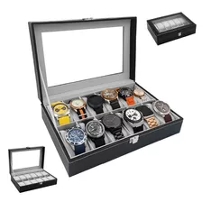 Estuche Alhajero Organizador De Relojes Y Joyas 12 Espacios Elegante, Con Almohadillas De Terciopelo, Piel Negro-gris