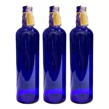 3 Botellas Vidrio Azul Hooponopono Concorcho Solarizada Full