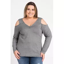 Blusa Feminina Plus Size Vazado Ombros Zíper Gola - Serena