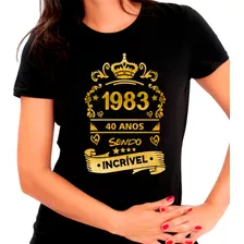 Camiseta Baby Look Preta 1983 40 Anos Sendo Incrível Dourada