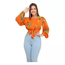 Blusa Feminina Cropped Mangas Morcego Laço Espojado Frontal