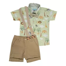 Safari Roupa Festa Menino Camisa Temática Short Suspensório 