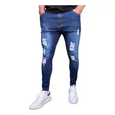 Calca Masculina Jeans Super Skinny Stretch Lycra Rasgada Top