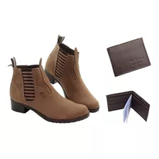 Kit Bota Feminina Couro Chelsea + Carteira Masculina Couro