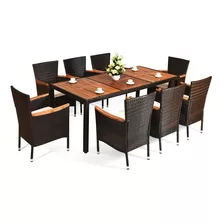 Juego De Comedor De Mimbre Patio Exterior 9pz Madera