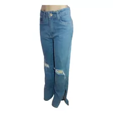 Calça Wide Leg Jeans Rasgada Feminina Cintura Alta