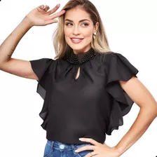 Blusa Feminina Evangélica Manga Babado Gola Pérolas Elegante