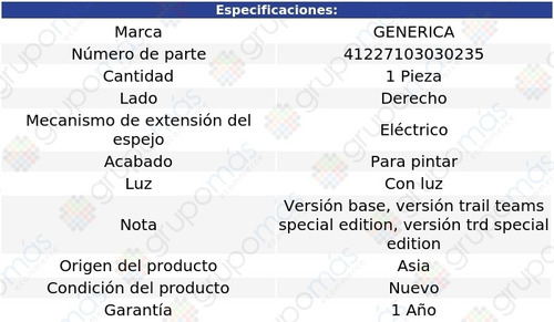 Espejo Derecho Elctrico P/pintar C/luz Fj Cruiser 07 Al 14 Foto 2