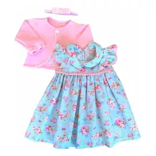 Roupa De Bebe Vestido Floral Com Bolero E Tiara 100% Algodão