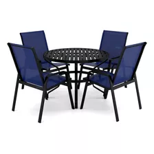 Mesa 4 Cadeiras Ripado Piscina Alumínio Preto E Tela Azul