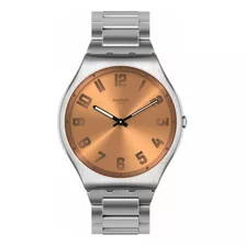 Reloj Swatch Skin Irony Bronze Ss07s122g Correa Plateado Bisel Plateado Fondo Naranja