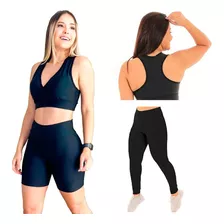 Kit Fitness Bermuda+legging+top Roupa Para Treino E Academia