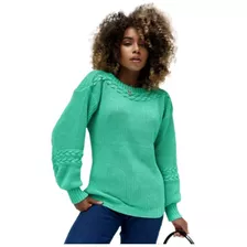 Blusa Feminin Trico Trança Manga Bufante Tendência Blogueira