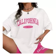 Camiseta Oversized California Rosa Feminina Algodão Larga